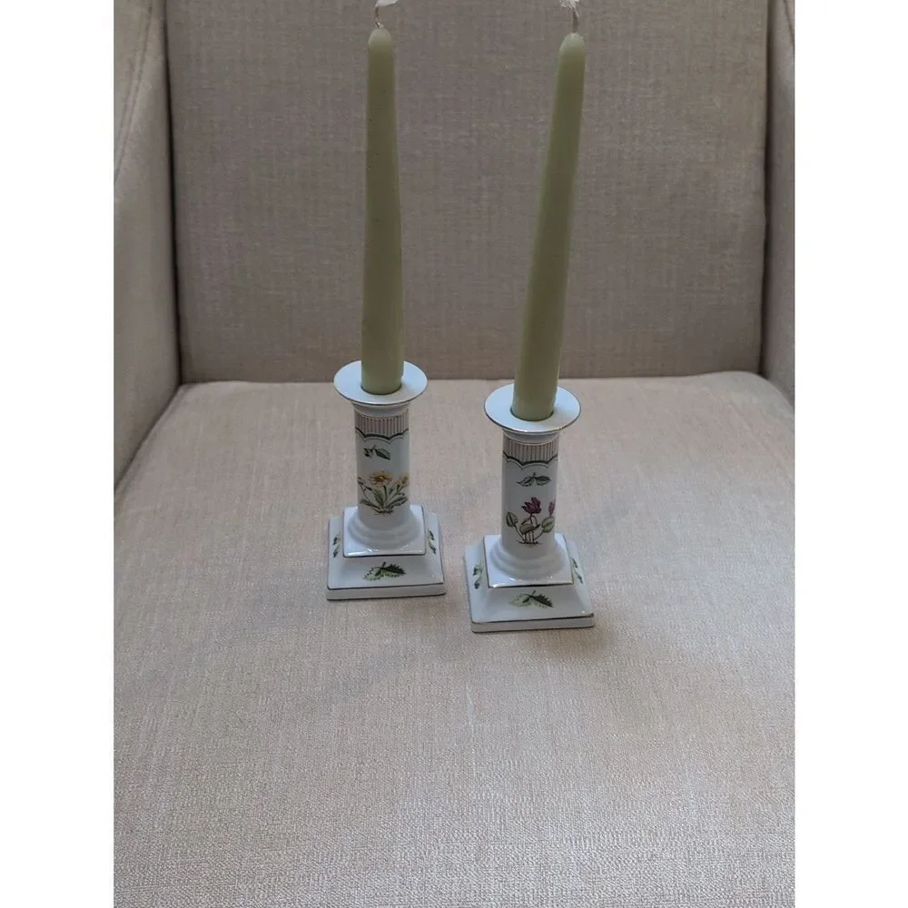 Porcelain Floral Candle Holders - White with Green and Floral Accents